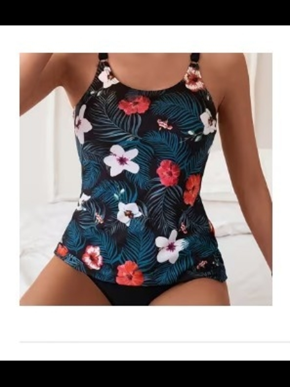 Black Floral One-Piece Swim Tank with Tropical Print - Women Swim